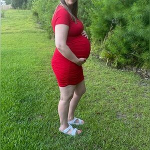 Red ruched fitted maternity dress from pinkblush